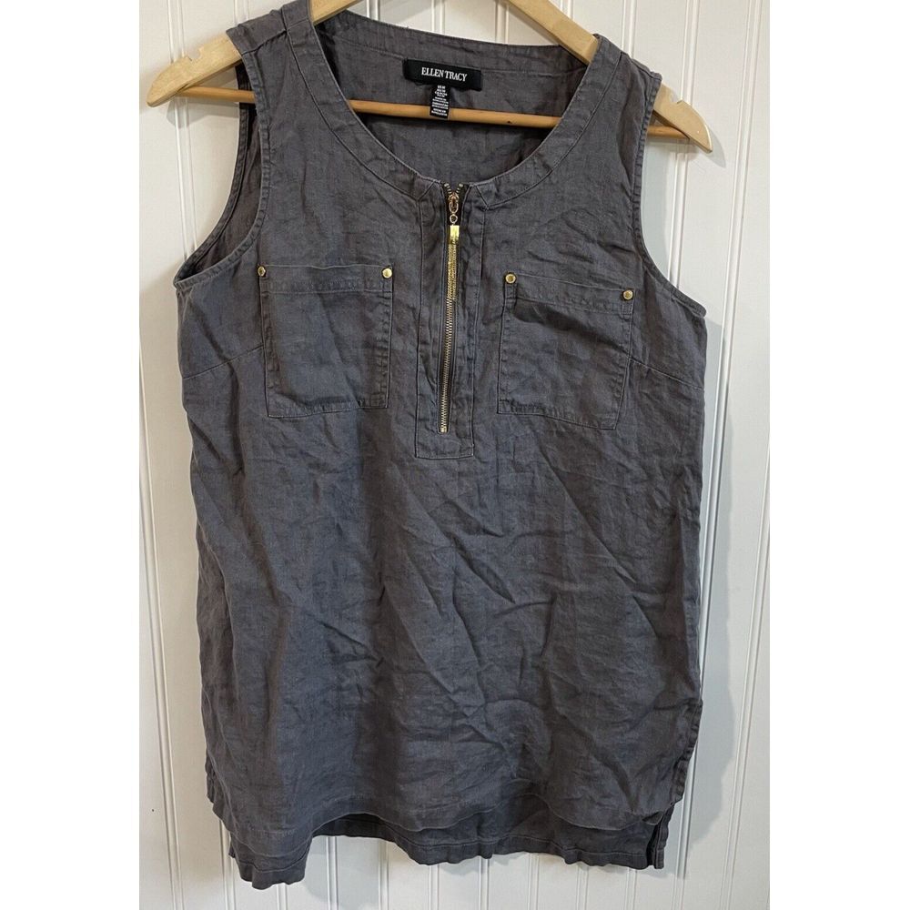 Ellen Tracy Shirt Womens Medium Gray Linen Top 1/4 Gold‎ Zip Tunic Pockets Hi Lo
